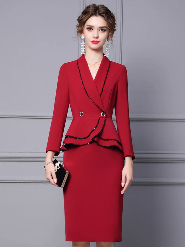 Autumn Dress Wine Red Suit Collar Nail Diamond Fake Two Piece Ruffled Long Sleeve Hip Wrap Skirt