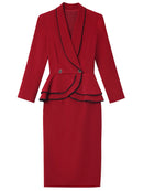 Autumn Dress Wine Red Suit Collar Nail Diamond Fake Two Piece Ruffled Long Sleeve Hip Wrap Skirt