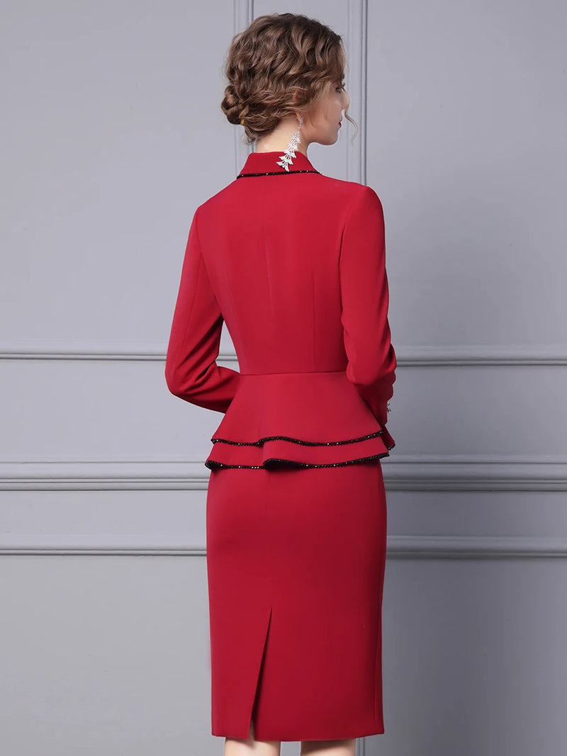 Autumn Dress Wine Red Suit Collar Nail Diamond Fake Two Piece Ruffled Long Sleeve Hip Wrap Skirt