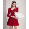 Autumn New Elegant Temperament Retro Hepburn Style Small Red Dress 3D Flower Dress Women