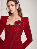 Autumn New Elegant Temperament Retro Hepburn Style Small Red Dress 3D Flower Dress Women