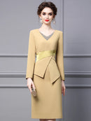 Autumn New Formal Occasion Dress Yellow V-Neck Handmade Nailed Diamond Fake Two Piece Hip Wrap Skirt