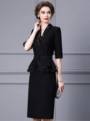 Black Dress with A High-end Feel New Autumn Style with A Super Slim Figure Suit Collar Fake Two Piece Buttocks Wrapped Skirt