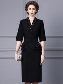 Black Dress with A High-end Feel New Autumn Style with A Super Slim Figure Suit Collar Fake Two Piece Buttocks Wrapped Skirt