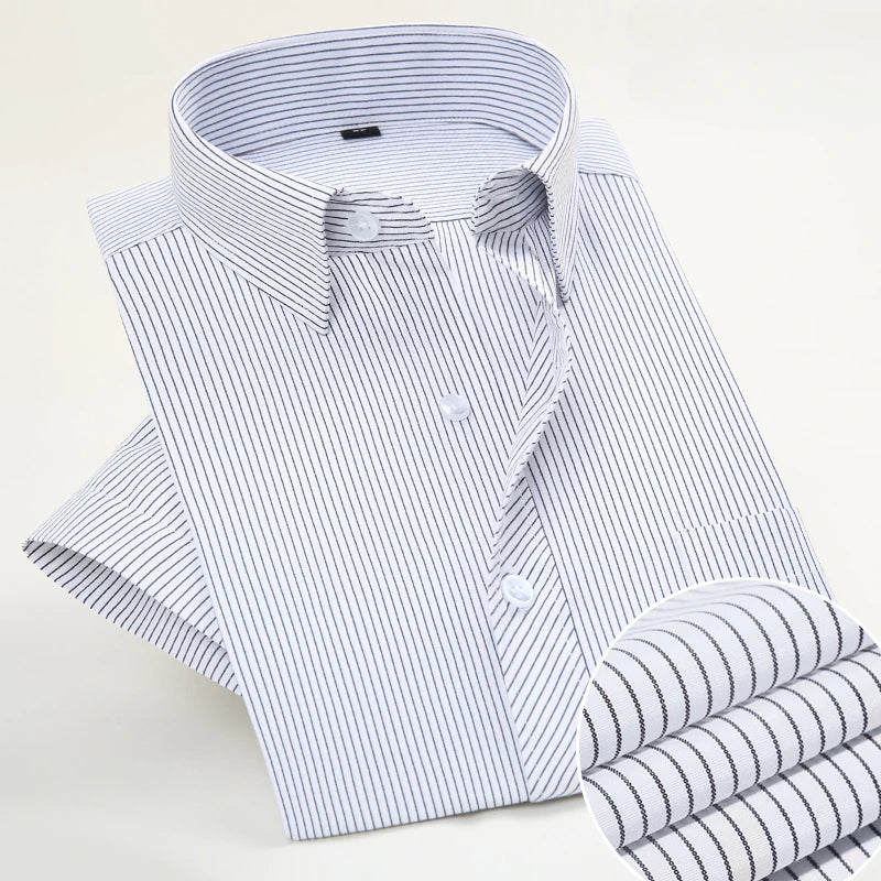 Blue Striped Men's Shirt Short Sleeved Youth Business Work Uniform Casual Blue White Vertical Flower Men's Shirt