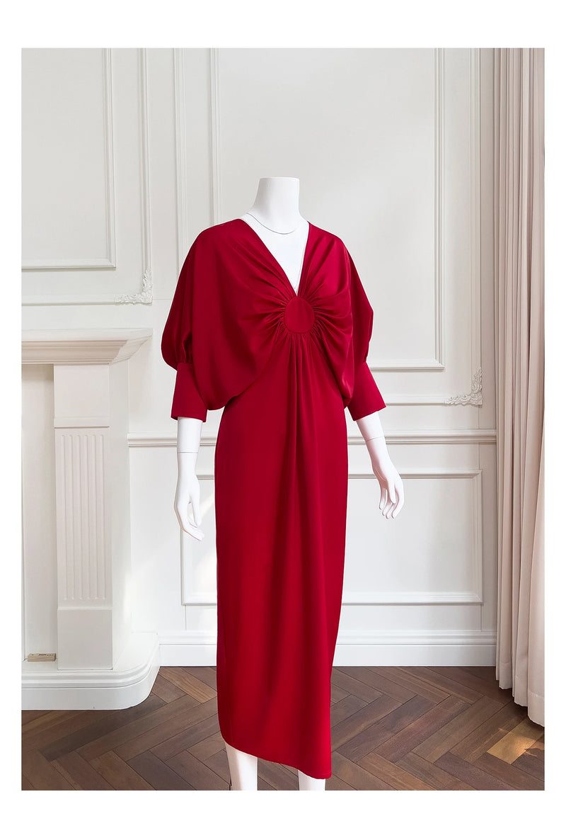 Chinese Red Butterfly Shape Dress Can Be Worn At Ordinary Times Waist and Thin V-neck Long-sleeved Mother of The Bride Dresses