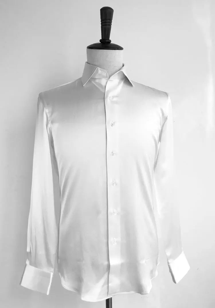 Custom Made White Pure Silk Long Sleeve Mens Dress Shirt Casual Long Sleeve Men Slim Fit Shirts