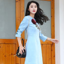 Customized Reworked Diamond Embroidery Rose Five Quarter Sleeve Medium Length A-line Skirt Round Neck Slim Dress for Women