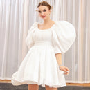 Elegant Silkworm Satin Hand-wrinkled Puff Sleeve U-neck Princess Puffy Dinner Prom Plus Size Evening Dresses Long Luxury