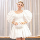 Elegant Silkworm Satin Hand-wrinkled Puff Sleeve U-neck Princess Puffy Dinner Prom Plus Size Evening Dresses Long Luxury