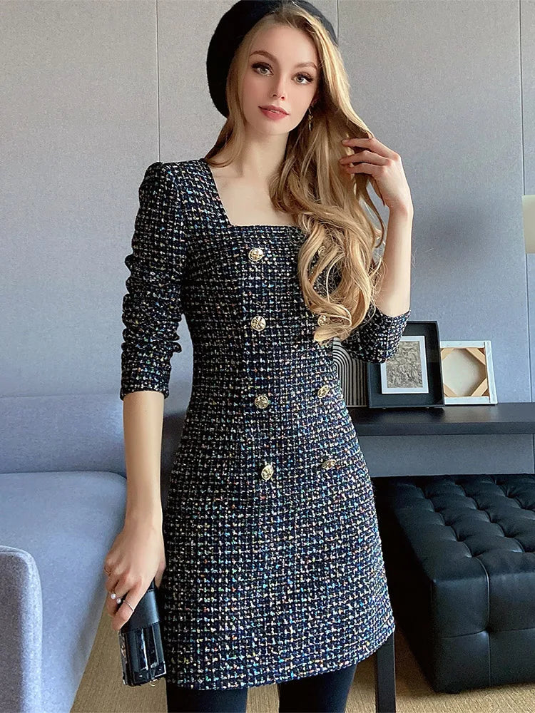French Elegant Intellectual Starlight Sparkling Small Fragrant Tweed Sequin Square Neck Dress