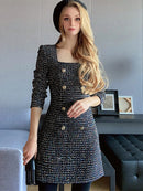 French Elegant Intellectual Starlight Sparkling Small Fragrant Tweed Sequin Square Neck Dress