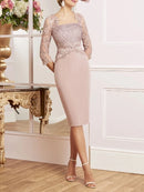 Mother of The Bride Dress Elegant Vintage Plus Size Square Neck Knee Length Lace Satin with Sash / Ribbon