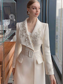 High End Heavy Industry Beaded Large Lapel Belt Waist Tuck Coat Famous Lady's Thin Coat