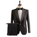 Men's Wedding Groom Rhinestone Collar Suit Pants Set Singer Performance Costume 2 Piece Set