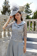 Modest Grey Blue Mother of The Bridal Dress Lace Appliques Vestido Madrina Boda Wedding Party Dress Cap Sleeve Tea Length