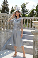 Modest Grey Blue Mother of The Bridal Dress Lace Appliques Vestido Madrina Boda Wedding Party Dress Cap Sleeve Tea Length