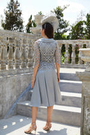 Modest Grey Blue Mother of The Bridal Dress Lace Appliques Vestido Madrina Boda Wedding Party Dress Cap Sleeve Tea Length