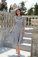 Modest Grey Blue Mother of The Bridal Dress Lace Appliques Vestido Madrina Boda Wedding Party Dress Cap Sleeve Tea Length