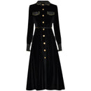 Plaid Lapel Long-sleeved Single-breasted Lace-up Waist Warm Velvet Mid-length Bottoming Dress Little Black Dress