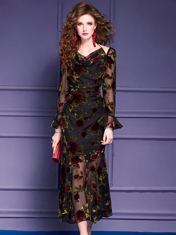 Printed Dress Women's Flared Sleeves Spring Dress Light and Mature Temperament Goddess Style High-end and Elegant Long Skirt