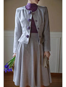 Purple Wool Elegant Slim Umbrella Skirt Contrast Handmade Rose Waist Set