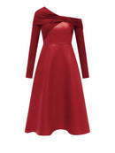 Red Design Sense Party Dress Mid-length Waist Slim Long-sleeved Slant-neck Off-shoulder Dress Women's High-end