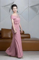Tailor Shop Customized Elegant Intellectual Pink Temperament Off Shoulder Bride Mom Wedding Dress