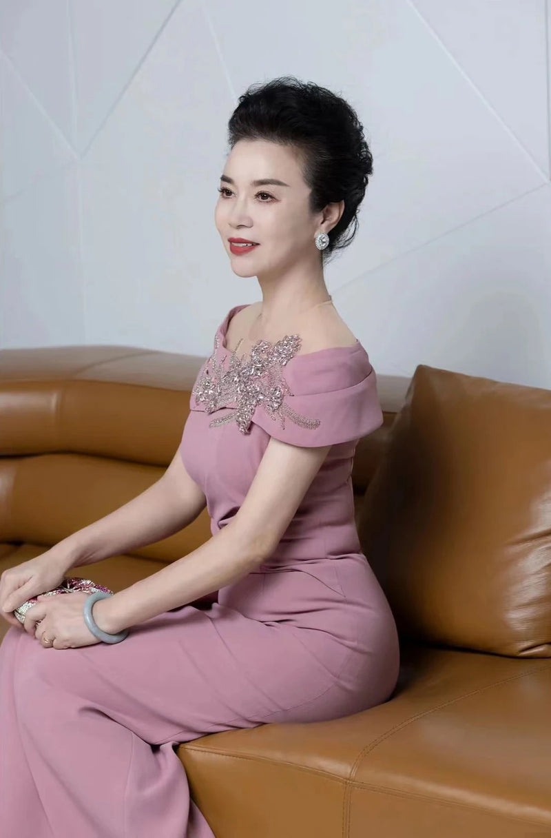 Tailor Shop Customized Elegant Intellectual Pink Temperament Off Shoulder Bride Mom Wedding Dress