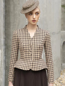 Tailor Shop Retro Slim and Thin Classic Dark Brown Houndstooth Winter Tweed Light Luxury Top and Pleat Skirt Semi-Formal Outfit