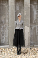 Tailor Shop Retro Slim and Thin Classic Dark Brown Houndstooth Winter Tweed Light Luxury Top and Pleat Skirt Semi-Formal Outfit