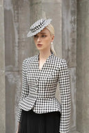 Tailor Shop Retro Slim and Thin Classic Dark Brown Houndstooth Winter Tweed Light Luxury Top and Pleat Skirt Semi-Formal Outfit