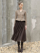 Tailor Shop Retro Slim and Thin Classic Dark Brown Houndstooth Winter Tweed Light Luxury Top and Pleat Skirt Semi-Formal Outfit