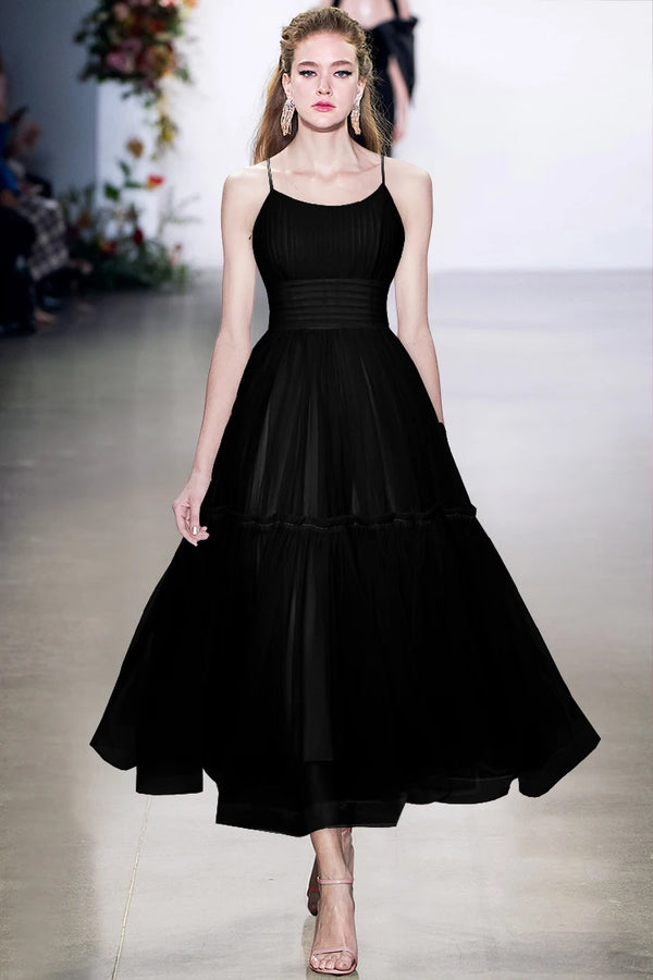 Black Tulle Backless Suspender Skirt Pleated Waist Puffy Big Swing Princess Style Long Dress Summer Dress