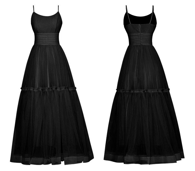 Black Tulle Backless Suspender Skirt Pleated Waist Puffy Big Swing Princess Style Long Dress Summer Dress