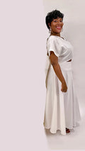 Custom Make Linen Dress Tailor Shop Made White Top and A-line Skirt V Neck Dress Formal Dress