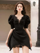 Tailor Shop Little Black Dress Lace Dress Puffy Sleeve Pleat Bottom Dress