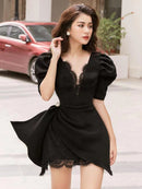 Tailor Shop Little Black Dress Lace Dress Puffy Sleeve Pleat Bottom Dress