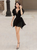 Tailor Shop Little Black Dress Lace Dress Puffy Sleeve Pleat Bottom Dress