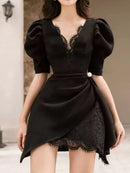 Tailor Shop Little Black Dress Lace Dress Puffy Sleeve Pleat Bottom Dress