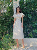 tailor shop Three-dimensional relief flower stitching fashion jacquard slim high waist white dress  formal occasion wear