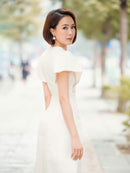 tailor shop Three-dimensional relief flower stitching fashion jacquard slim high waist white dress  formal occasion wear