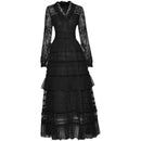 Tailor Shop V-neck Long-sleeved Beaded Lace with Waist Ruffle Cake Skirt Mesh Puffy Dress Little Black Lace Dress