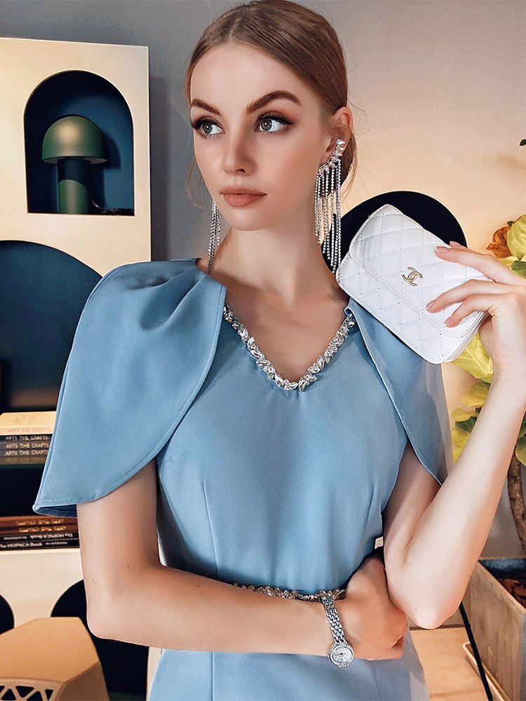 knee length dresses for ladies tailor shop sky blue cape dress French high-end cloak bright diamond –  Shenzhen Stephanie Apparel Ltd. Shenzhen Tailor