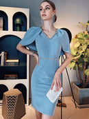 tailor shop sky blue cape dress French high-end cloak bright diamond V-neck ladies dress female summer