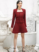 Tailor Shop Winter French Exquisite Square Collar Exposed Clavicle Sexy Small Fragrance Lady Dark Red Woolen Jacket Skirt Suit