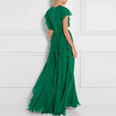 Royal Sister Goddess Fan V-neck Dress Heavy Industry Ruffled Slim Dress Skirt High Sense of High Green Long Skirt  Dress