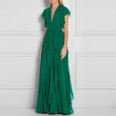 Royal Sister Goddess Fan V-neck Dress Heavy Industry Ruffled Slim Dress Skirt High Sense of High Green Long Skirt  Dress