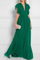 Royal Sister Goddess Fan V-neck Dress Heavy Industry Ruffled Slim Dress Skirt High Sense of High Green Long Skirt  Dress