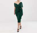 V-neck Strapless Lace-up High-waisted Ladies' Temperament Elegant and Elegant Pure Color Dark Green Dress Women Dress